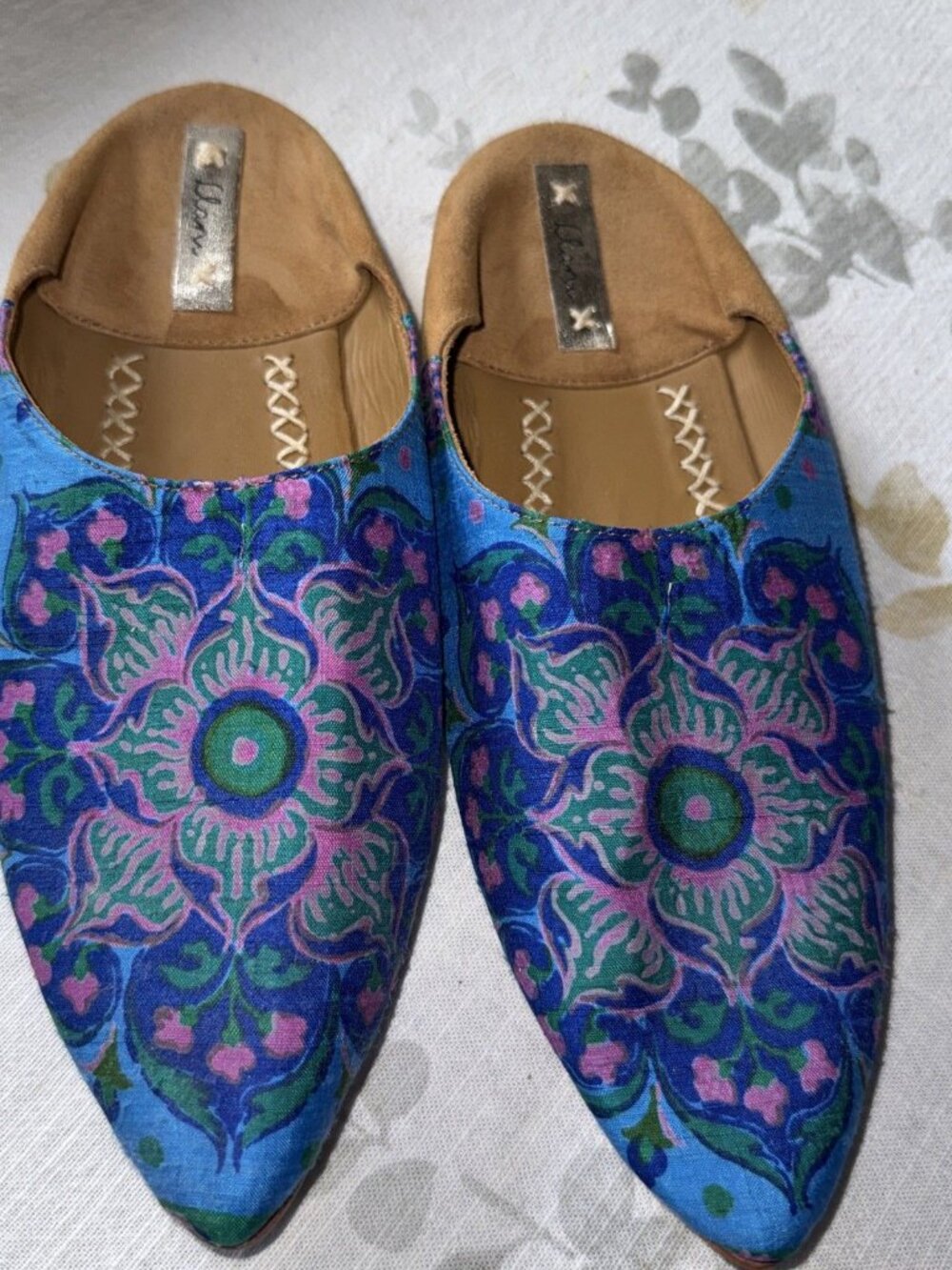 Llani Slippers Blue Pink Multi-Color Cotton Mules Pointed Toe Sz EU 38 Us 8.0